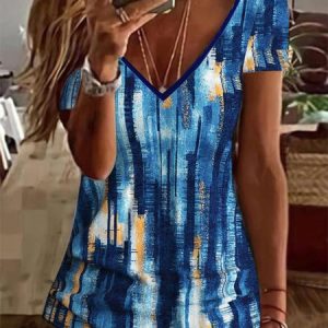 Gradient Pattern Casual V Neck T-Shirt, T-Shirts, color:Blue|size:XXL, JustFashionNow