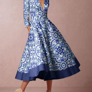 Women Floral V Neck Long Sleeve Comfy Casual Maxi Dress, Midi, color:Blue|size:3XL, Noracora