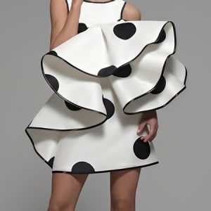 Crew Neck Elegant Polka Dots Regular Fit Mini Dress, Mini Dresses, color:Black-white|size:XXL, Stylewe