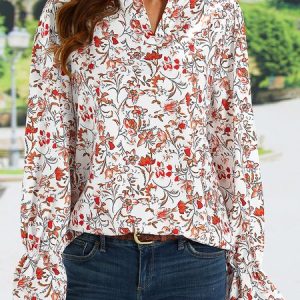 Floral Stand Collar Casual Top, Shirts & Blouses, color:Red|size:XXL, JustFashionNow