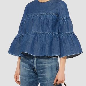 Three Quarter Crew Neck Casual Denim Top, Tops, color:Blue|size:XXL, Stylewe