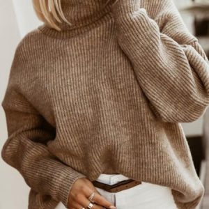 Women Knitted Solid Long Sleeve Comfy Vintage Sweater, Sweaters, color:Camel|size:XXL, Noracora