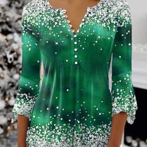 Women's Ethnic Casual V-neck A-Line Tops Long Sleeve Henry Collar shinny Snowflake Print Tunic Daily Hot List, Shirts & Blouses, color:Green|size:XXL, JustFashionNow