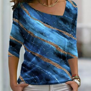 JFN Asymmetrical Neck Geometric Casual Autumn Daily T-Shirt, T-Shirts, color:Blue|size:XXL, JustFashionNow