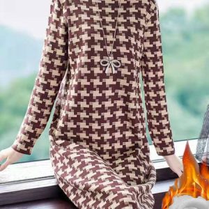 Women Houndstooth Half Turtleneck Long Sleeve Comfy Casual Midi Dress, Dresses, color:Khaki|size:4XL, Noracora