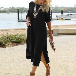 Women Plain Crew Neck Half Sleeve Comfy Casual Midi Dress, Midi, color:Black|size:5XL, Noracora