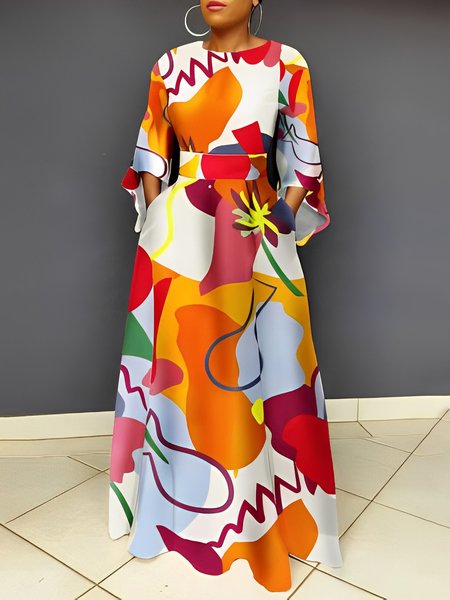 Vacation Crew Neck Abstract Regular Fit Maxi Dress, Maxi Dresses, color:As Picture|size:XXL, Stylewe