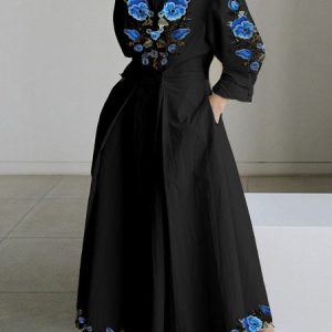 Shirt Collar Floral Urban Dress, Dresses, color:Black|size:5XL, JustFashionNow
