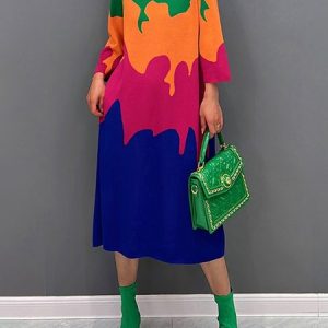 Urban Color Block Loose Stand Collar Dress, Midi Dresses, color:Multicolor|size:XXL, Stylewe
