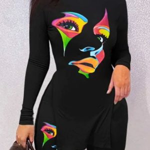Casual Crew Neck Face Print T-Shirt, Tees, color:Black|size:XXL, Stylewe