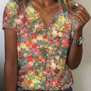 Casual Floral Print Notched T-Shirt, T-shirts, color:Yellow|size:XXL, catalog Noracora shop