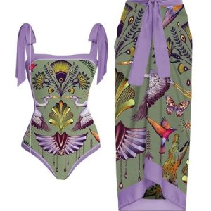 Printing Square Neck Vacation Ethnic One Piece With Cover Up, Swimsuit with Coverups, color:Purple|size:XXL, Stylewe