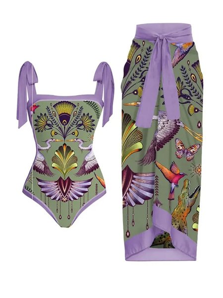 Printing Square Neck Vacation Ethnic One Piece With Cover Up, Swimsuit with Coverups, color:Purple|size:XXL, Stylewe