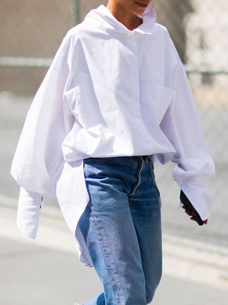Urban Plain Shirt Collar Oversize Blouse, Blouses and Shirts, color:White|size:XXL, Stylewe