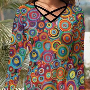 Vintage Geometric V Neck Long Sleeve T-shirt, T-shirts, color:Multicolor|size:XXL, Noracora