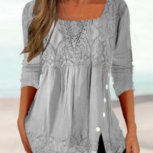 Women's Ethnic Casual Square neck Lace Tops Long Sleeve U Neck Tunic, Shirts & Blouses, color:Gray|size:XS, JustFashionNow