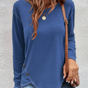 Casual Plain Autumn Cross Neck Micro-Elasticity Jersey Standard Regular H-Line Tunic T-Shirt for Women, Blouses, color:Blue|size:XXL, Noracora