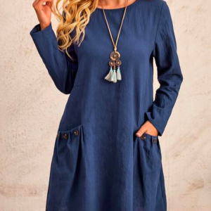 Loose Casual Solid Dual Pocket Button Detail Dress, Dresses, color:Blue|size:XXL, JustFashionNow