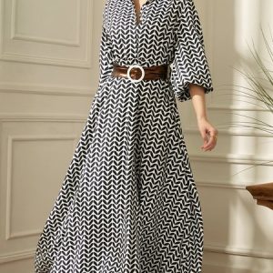 2023 Fashion week vacation Regular Fit Maxi Dress With Belt, Dresses, color:Black-white|size:XS, Stylewe