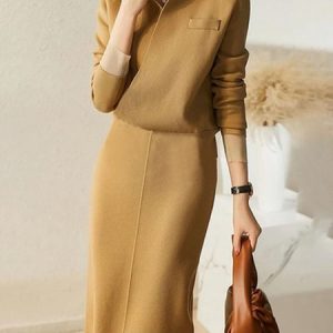 Stand Collar Regular Fit Urban Sweater Midi Dress With No Belt, Midi Dresses, color:Khaki|size:XXL, Stylewe