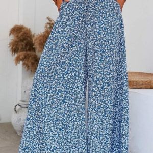 Loose Vacation Ditsy Floral Print Knot Front Slant Pocket Wide Leg Pants, Pants, color:Blue|size:XXL, JustFashionNow