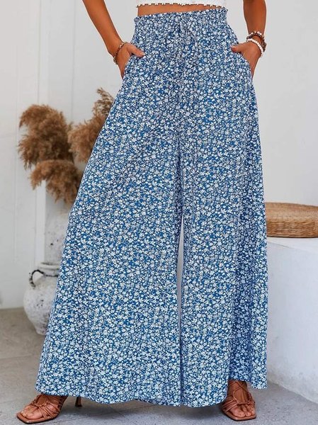 Loose Vacation Ditsy Floral Print Knot Front Slant Pocket Wide Leg Pants, Pants, color:Blue|size:XXL, JustFashionNow