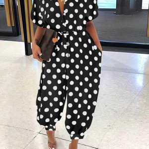 Lightweight Urban Polka Dots Others Short sleeve Loose Jumpsuit, Jumpsuits, color:Black|size:XXL, Stylewe