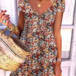V Neck Printed Short Sleeve Knit Dress, Dresses, color:As Picture|size:XS, JustFashionNow