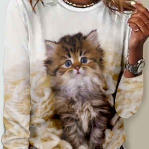 Women's Cat Art Graphic Printing Casual Crew Neck Shirt, color:As Picture|size:3XL, Lilicloth.com