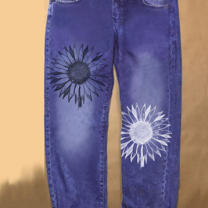 Womens Sunflower Butterfly Casual Printed Jeans, color:Blue|size:3XL, Lilicloth.com