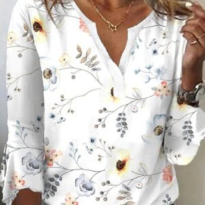 Floral Casual Notched Three Quarter Shirt, Shirts & Blouses, color:White|size:XXL, JustFashionNow