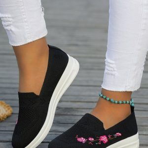 Floral Embroidery Breathable Mesh Fabric Slip On Sneakers, Sneakers, color:Black|size:43, JustFashionNow