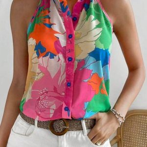 Shirt Collar Vacation Blouse, Tanks & Camis, color:Rose Red|size:XXL, JustFashionNow