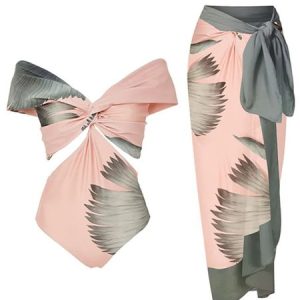 Vacation V Neck Printing Plants One Piece With Cover Up, swimwear>>Bikini Sets, color:Pink|size:XXL, JustFashionNow