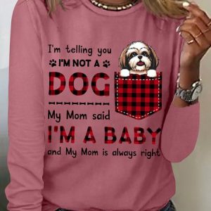 Women's Funny Word I'm A Baby Best Dog Mom Plaid Simple Cotton-Blend Animal Crew Neck Long Sleeve Top, color:Pink|size:3XL, Lilicloth.com