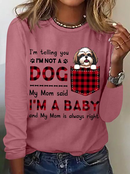 Women's Funny Word I'm A Baby Best Dog Mom Plaid Simple Cotton-Blend Animal Crew Neck Long Sleeve Top, Long sleeves, Lilicloth.com