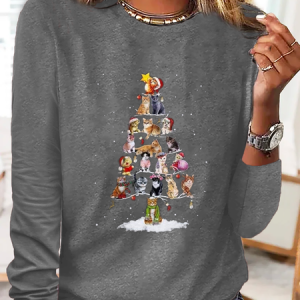 Christmas Tree Printed Casual T-Shirt, T-Shirts, color:Gray|size:3XL, JustFashionNow