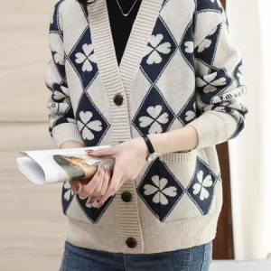 Women Wool/Knitting Geometric Long Sleeve Comfy Casual Buckle Cardigan, Cardigans, color:Beige|size:3XL, Noracora