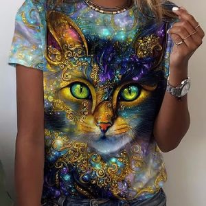 Crew Neck Cat Loose Casual T-Shirt, T-Shirts, color:Dark Blue|size:XXL, JustFashionNow