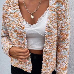 Women Color Block Long Sleeve Comfy Casual Cardigan, Cardigans, color:Orange|size:XL, Noracora