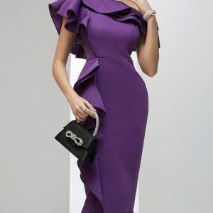 Tight Flouncing Elegant One Shoulder Party Dress, Midi Dresses, color:Purple|size:XXL, Stylewe