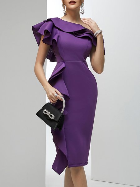 Tight Flouncing Elegant One Shoulder Party Dress, Midi Dresses, color:Purple|size:XXL, Stylewe