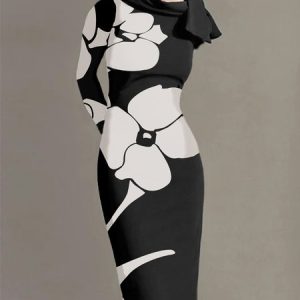 Elegant Floral Tight Long Sleeve Midi Dress, Midi Dresses, color:Black-white|size:XXL, Stylewe