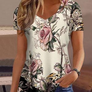 Floral Knitted Loose Casual T-Shirt, T-Shirts, color:Apricot|size:XXL, JustFashionNow