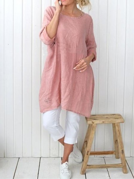 Casual Plain Long Sleeve Linen Dress, T-Shirts, color:Pink|size:4XL, JustFashionNow