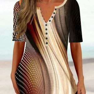 Loose Casual Ombre V Neck Shirt, TOPS, color:Brown|size:4X, Noracora
