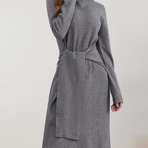 Women Plain Stand Collar Long Sleeve Comfy Simple Midi Sweater Dress, Sweater Dresses, color:XXL|size:Gray, Noracora