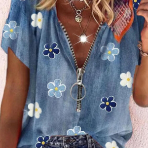 JFN V Neck Floral Zipper Casual Blouse, Shirts & Blouses, color:Blue|size:XXL, JustFashionNow