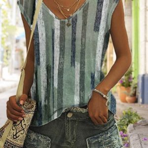Loose V Neck Casual Striped Tank Top, Tanks & Camis, color:Green|size:XXL, JustFashionNow