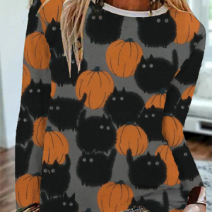 Halloween Graphic Casual Long Sleeve Tunic T-Shirt, T-shirts, color:Orange|size:3XL, Noracora